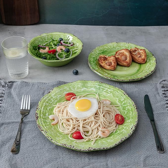 LEHAHA Melamine Dishes Unbreakable Dinnerware Sets 12 Piece Farmhouse Rustic Swirl Plates and Bowls Set for Outdoor Picnic RV Camping &amp Everyday Use Service for 4 Green