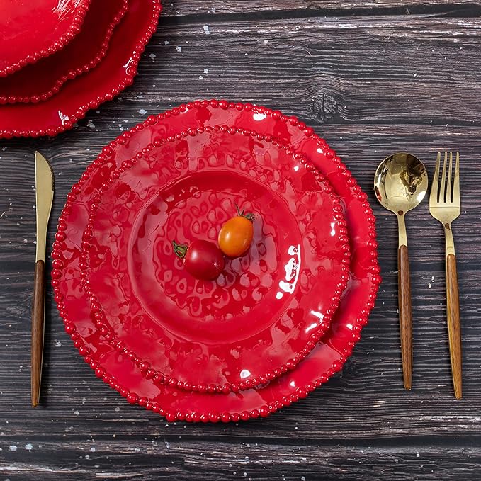 Christmas Red 18 Piece Beaded Melamine Dinnerware Sets Service for 6 Lightweight Unbreakable BPA Free With Scalloped rim Plates and Bowls Sets Dishwasher Safe Indoor and Outdoor Use