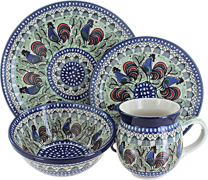Blue Rose Polish Pottery - Blue Rooster Row 4 PC Place Setting - Service for 1-1 Place Setting - Great for Everyday Dining Casual Dining or as Formal Dinnerware