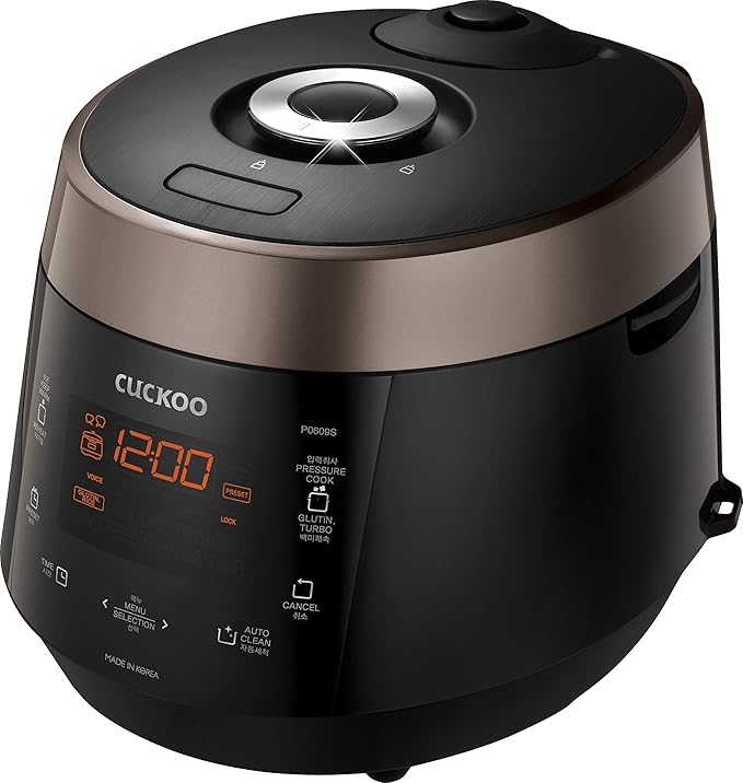 CUCKOO High Pressure Rice Cooker 6-Cup Uncooked / 12-Cup Cooked with Nonstick Inner Pot Versatile Rice Maker with 12 Menu Options and Steam Plate Fuzzy Logic Tech Voice Guide Black (CRP-P0609S)