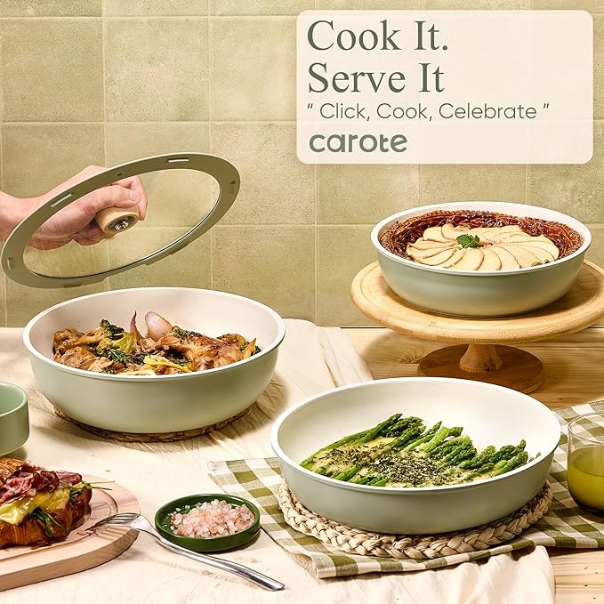 CAROTE 25pcs Pots and Pans Set Non Stick Cookware Sets Kitchen Set Oven/Dishwasher/Fridge Safe Space Saving Pots Set Nonstick Set with Versatile Detachable Handle Induction RV Set Green