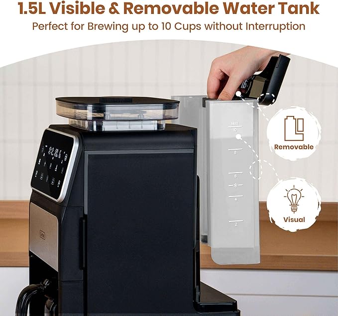 Gevi 10 Cup Drip Coffee Maker with Built-in Grinder Grind ＆ Brew Burr Combo Coffee Machine with Touch Screen Programmable 4-Hour Warm Plate Permanent Filter Coffee Carafe