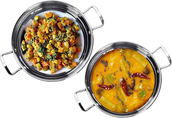 Sumeet Stainless Steel Encapsulated Bottom Induction and Gas Stove Friendly Kadhai - Set of 2 (Size No.11 and 12 1.5 L and 1.9 L)