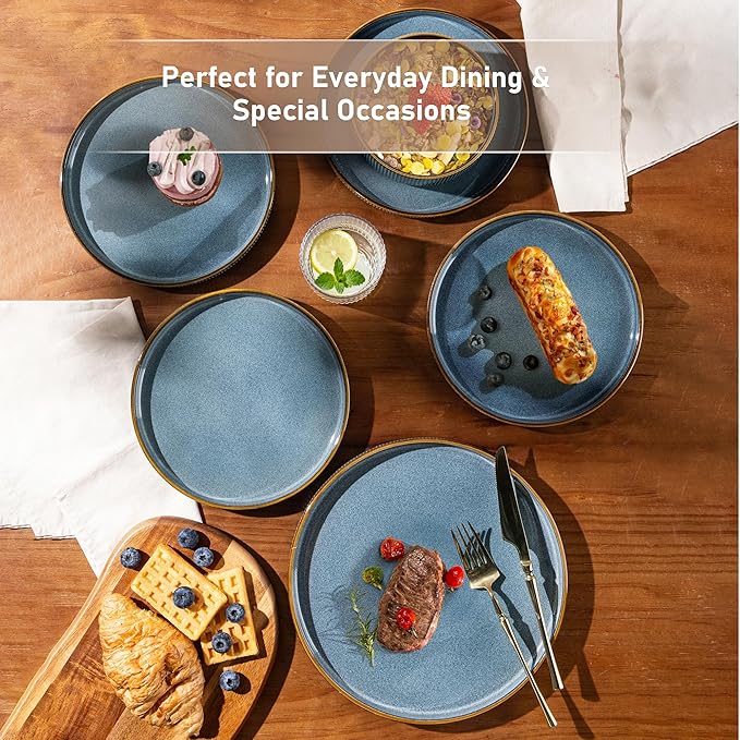GBHOME 18-Piece Stoneware Dinnerware Set for 6 – Ribbed Ceramic Plates and Bowls Scratch-Resistant Microwave &amp Dishwasher Safe Reactive Glaze Deep Ocean