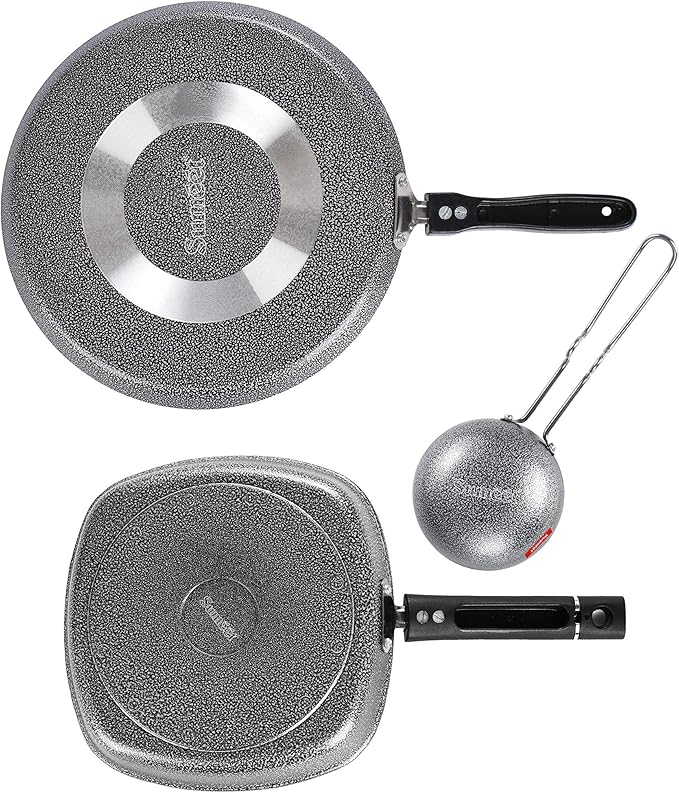 SUMEET NonStick Grau Aluminium Cookware Set (Dosa Tawa - 26.5Cm Grill Pan-22cm Waghariya/Tadka pan - 190Ml - 10Cm) - Silver