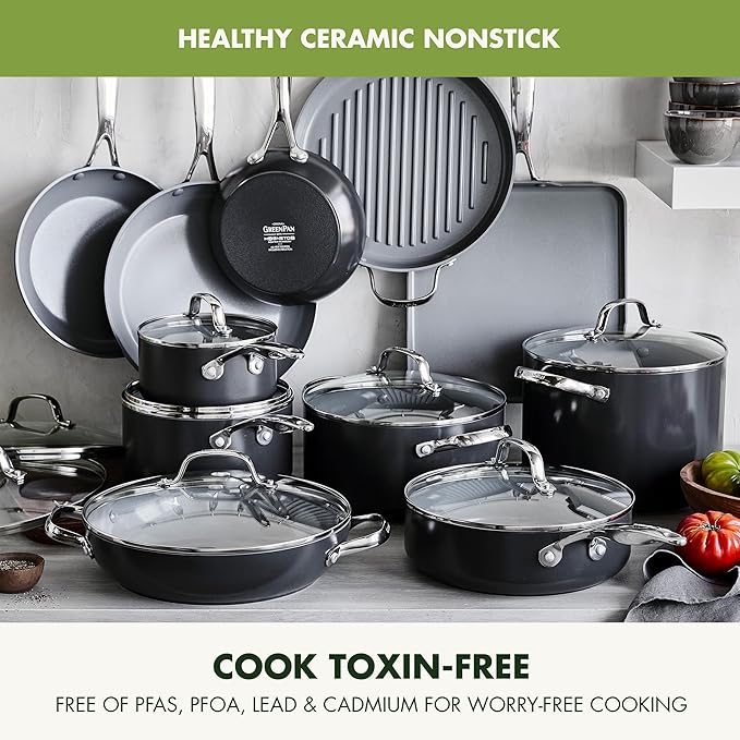 GreenPan Valencia Pro Ceramic Nonstick 22 Piece Cookware Set Hard Anodized PFAS-Free Pots &amp Pans Induction Ready Compatible on All Cooktops Dishwasher Safe Oven Safe to 600F Gray