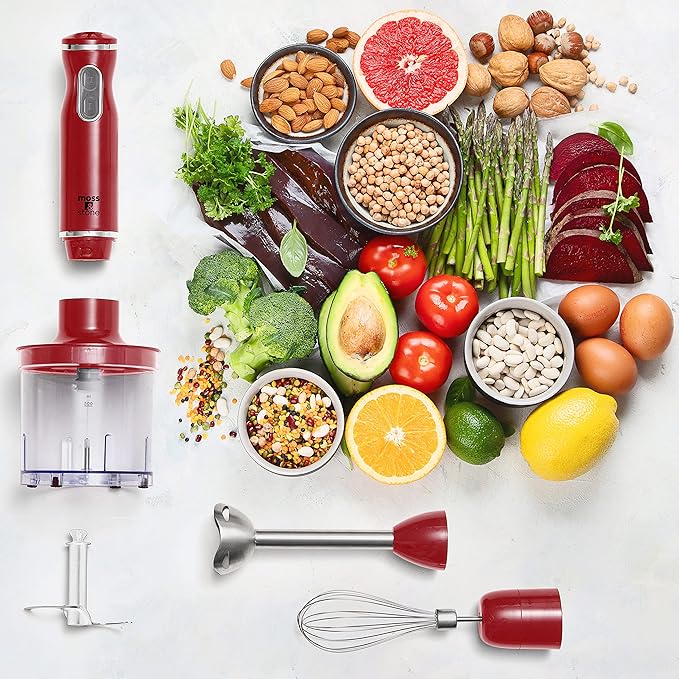 Moss &amp Stone Electric Hand Blender Set 300W Immersion Hand Blender with Whisk and Chopper Stainless Steel Shaft and Blades 2-Speed Handheld Mixer with Ergonomic Grip Red