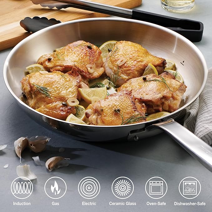 Tramontina Tempo Tri-Ply Base Stainless Steel 12-Inch Large Frying Pan Induction-Ready Skillet Oven-Safe Dishwasher-Safe