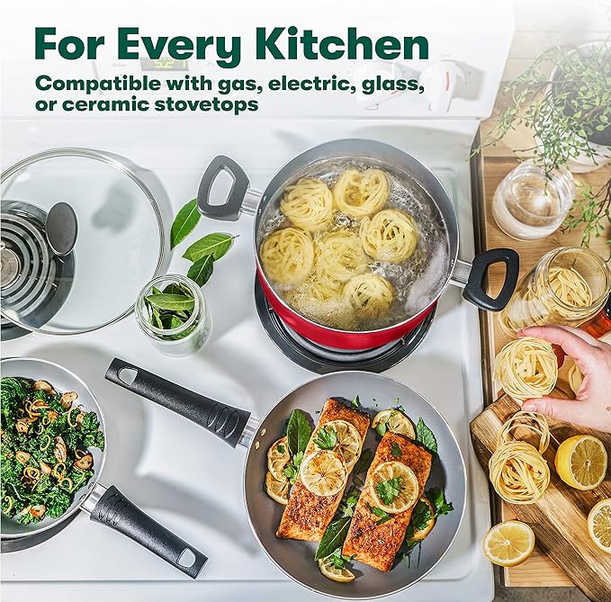 BELLA Cookware Set 12 Piece Pots and Pans with Utensils Nonstick PFOA Free Scratch Resistant Cooking Surface Compatible with All Stoves Nylon and Aluminum Red
