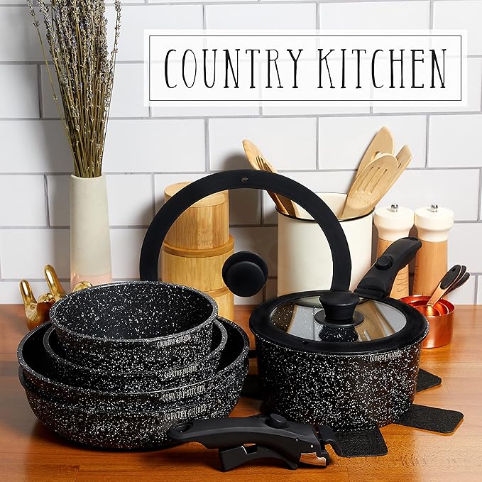 Country Kitchen Cookware Bundle- Cookware Set with Removable Hanldes and 8 Essential Kitchen Utensils for Cooking and Baking