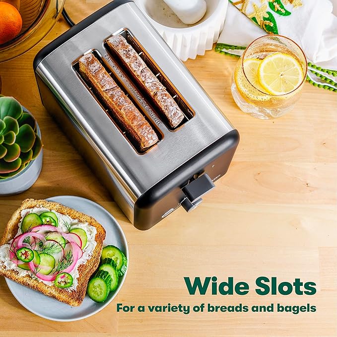 bella 2 Slice Toaster Quick &amp Even Results Every Time Wide Slots Fit Any Size Bread Like Bagels or Texas Toast Drop-Down Crumb Tray for Easy Clean Up Stainless Steel and Black
