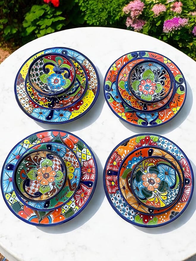 16-Piece Talavera Dinnerware Set | Hand-Painted Mexican Pottery with 4 Large 11.5” Plates 4 Small 8” Plates 4 Bowls and 4 Mugs | Unique Artisan-Made Ceramic Dish Set