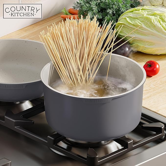 Country Kitchen Cookware Set with Removable Handle Oven &amp RV Safe Pots and Pans Set Grey/Ivory Wood Handle Original
