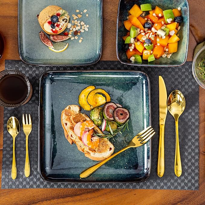 vancasso Stern Green Dinner Set- Square Reactive Glaze Dish Set- 16 Pieces Kitchen Dinnerware Stoneware Crockery with Dinner Plate Dessert Plates Bowl and Soup Plate Service for 4