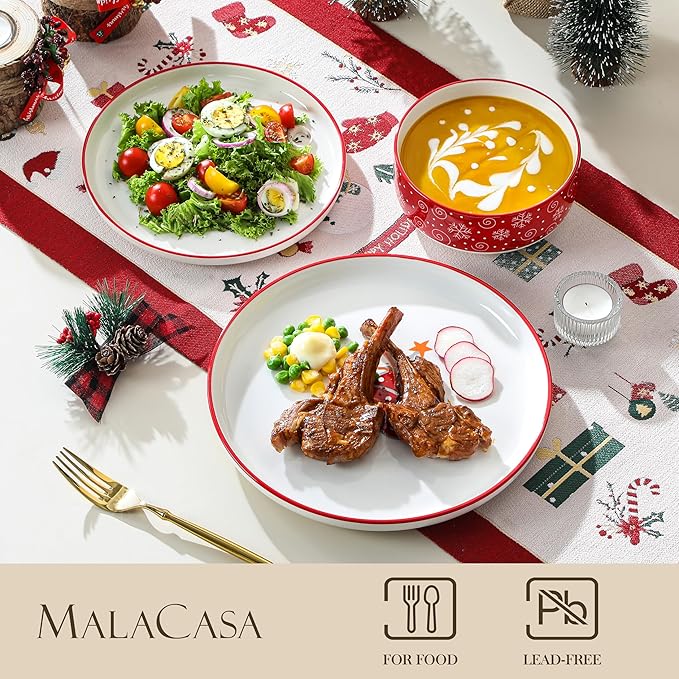 MALACASA Plates and Bowls Sets 12 Pieces Christmas Porcelain Dinnerware Set for 4 Ceramic Dishware Dishes Kitchen Dining Ware Set Microwave and Dishwasher Safe Series LUNA-Christmas Tree
