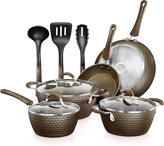 NutriChef 11-Piece Nonstick Kitchen Cookware Set - PTFE/PFOA/PFOS-Free Heat Resistant Kitchen Ware Pots Pan Set Coffee Ceramic Coating - Saucepot Pans Cooking Pot Oven Pot Lid Utensil NCCW11COF