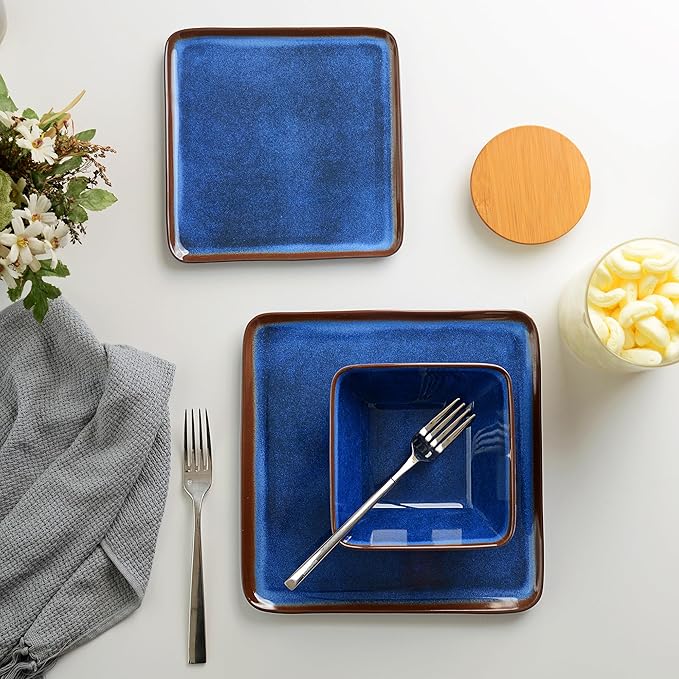 Melamine Dinnerware Sets 12 Pcs Square Plates and Bowls Sets of 4 Unbreakable Dishes Set for Outdoor Use Lightweight Dishware Set for CampingPatio and RV Dishwasher Safe Navy Blue