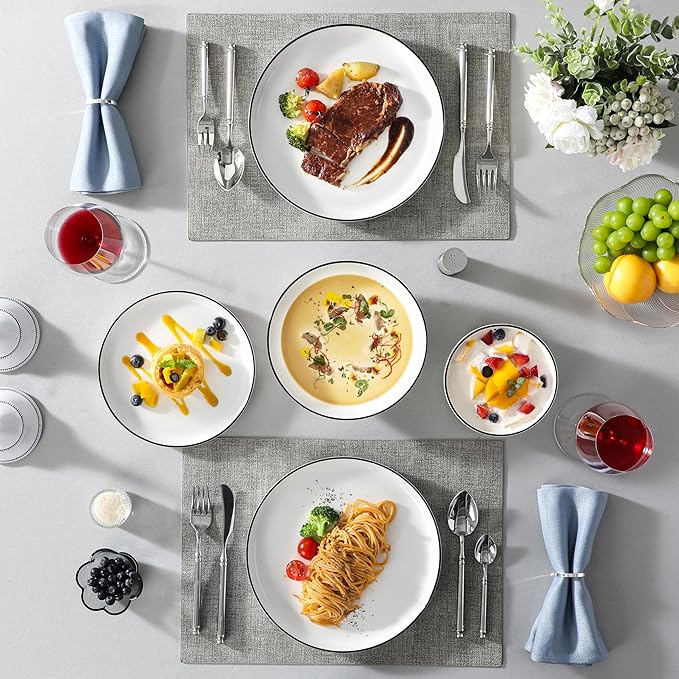 MALACASA Plates and Bowls Sets 24 Pieces Modern Porcelain Dinnerware Set for 6 Ceramic Dishware Dishes White Kitchen Dinner Dining Ware Set wtih Black Rim Microwave and Dishwasher Safe Series LUNA