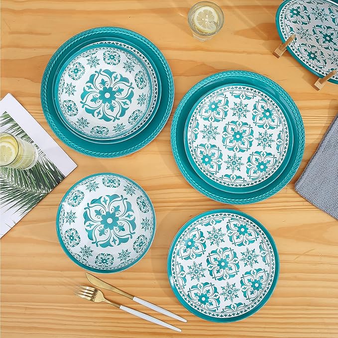 Webbylee Melamine Dinnerware Set12-Piece Plate and Bowl SetsUnbreakable Dish Set Service for 4–Dishwasher Safe&ampLightweight DishesGreen Dinnerware for Indoor/Outdoor Use Gift