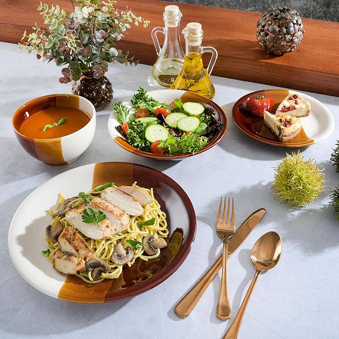 Gibson Elite Autumn Canopy Stoneware Double Bowl Plates and Bowls Dinnerware Set Service for 4 (16pcs)