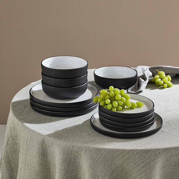 Christian Siriano Laro 24-Piece Stoneware Dinnerware Set Plates and Bowls Set Microwave and Dishwasher Safe Dish Set for 8 Black
