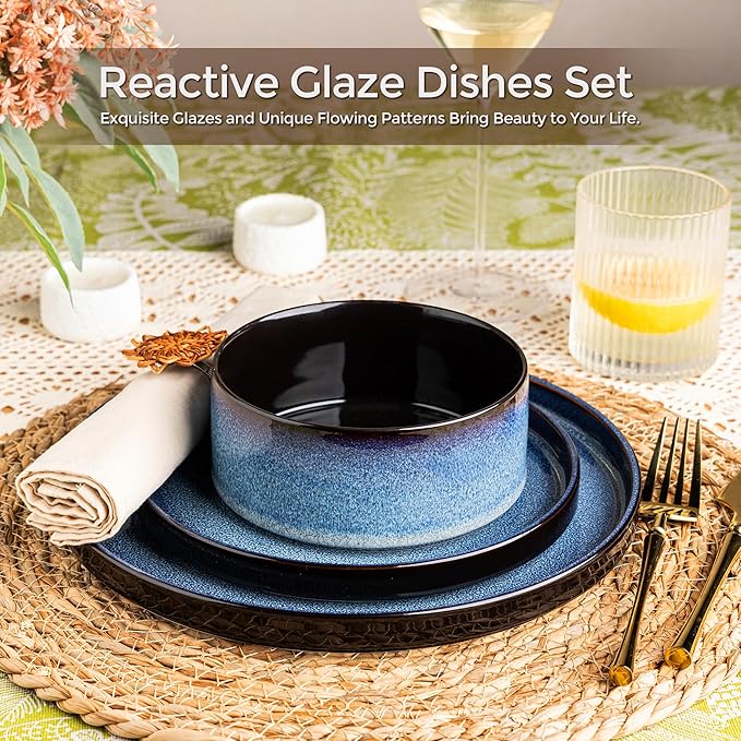 LERATIO Ceramic Dinnerware Sets for 4Round Reactive Glaze Ceramic Plates and Bowls SetHighly Chip and Crack Resistant | Dishwasher &amp Microwave Safe Dishes SetService for 4 (12pc)-Blue