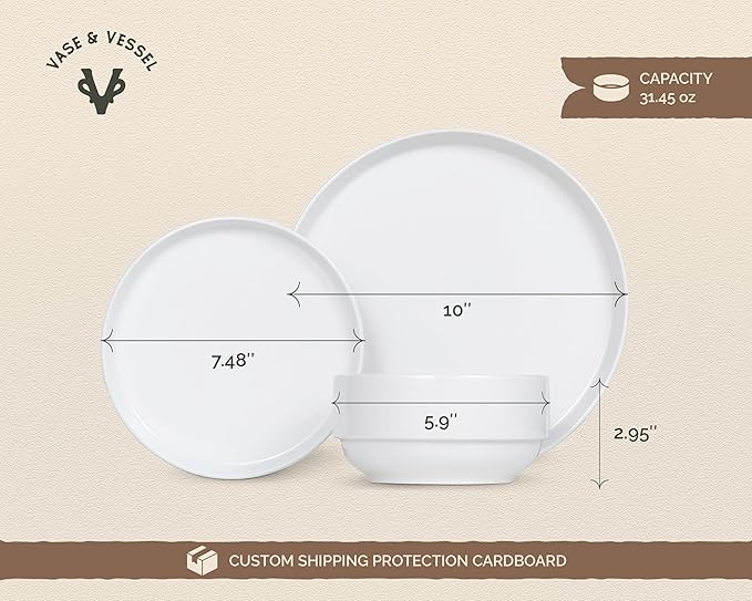 Ceramic Dinnerware Set 12-Piece Service for 4 Soup Bowls (31.5 oz) Salad Plates (7.5) Dinner Plates (10.5) Round Microwave and Dishwasher Safe White Cambridge Classics