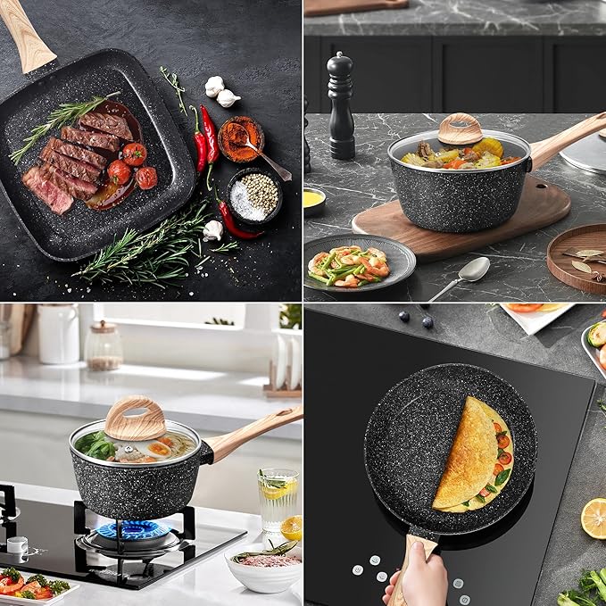 VOTTGO 19 Pcs Pots and Pans Set Non Stick Black Granite Induction Cookware Set Non Toxic Healthy RV Kitchen Cooking Set with Silicone Tools and Pot Protectors PFOA PFOS PFAS Free