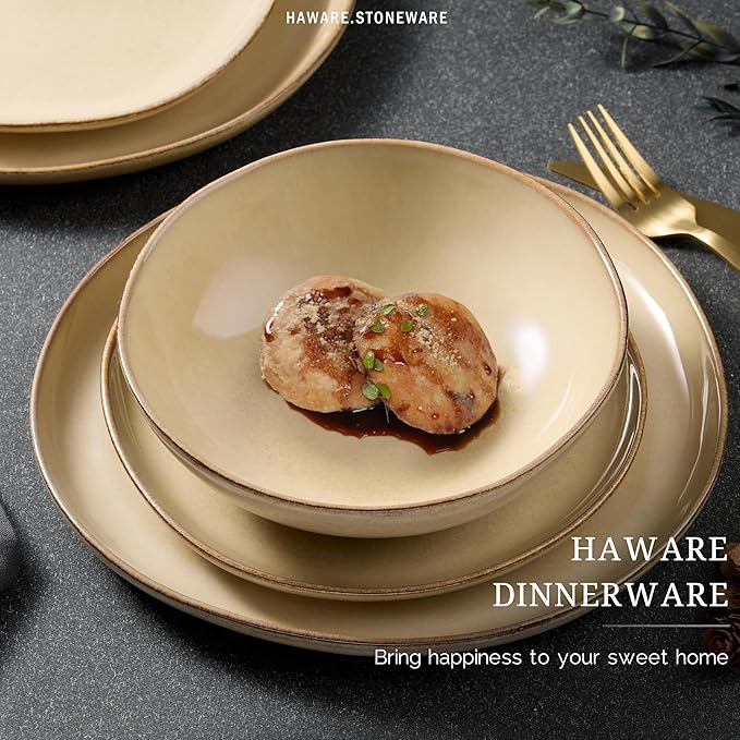 HaWare Dinnerware Sets 24-Piece Stoneware Plates and Bowls Set Dish Set for 8 Ceramic Dishware for Home Restaurant Chip and Scratch Resistant Microwave and Dishwasher Safe Reactive Sandy Khaki