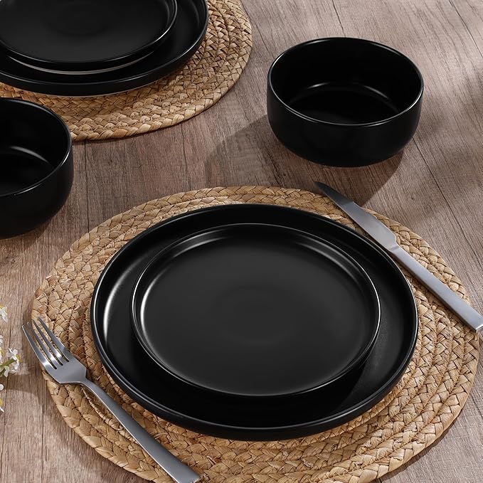 HaWare Stoneware Dinnerware Sets 18-Piece Plates and Bowls Set for 6 Dishes Set for Home Restaurant Frosting Black