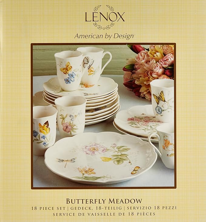 Lenox Dinnerware Set Butterfly Meadow 18-Piece Set Service For 6 White Porcelain Butterfly And Flower Designs Plates And Bowls Sets Dishwasher Safe Home &amp Kitchen (18 Pieces Assorted)
