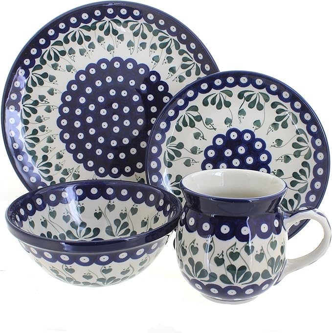 Blue Rose Polish Pottery - Blue Alyce 4 PC Place Setting - Service for 1-1 Place Setting - Great for Everyday Dining Casual Dining or as Formal Dinnerware