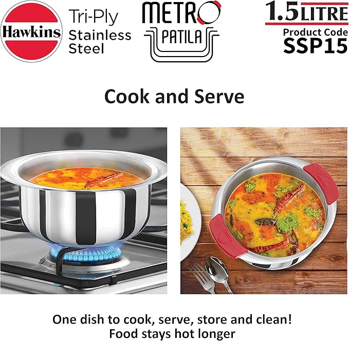 Hawkins 1.5 Litre Metro Patila Triply Stainless Steel Tope Induction Bhagona Tapeli Silver (SSP15)