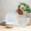 BZYOO 12 Piece Ceramic Dinnerware Set Modern Contemporary Design Plates and Bowls for Dining Glossy White Stoneware Dishes Set Microwave And Dishwasher Safe (Spidy Collection)