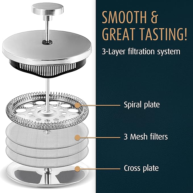 Gracie's Finest French Press Coffee Maker - Large 34 oz. Glass Coffee Pot Carafe with Stainless Steel Filter - French Press Coffee at Home or Office - Dishwasher Safe