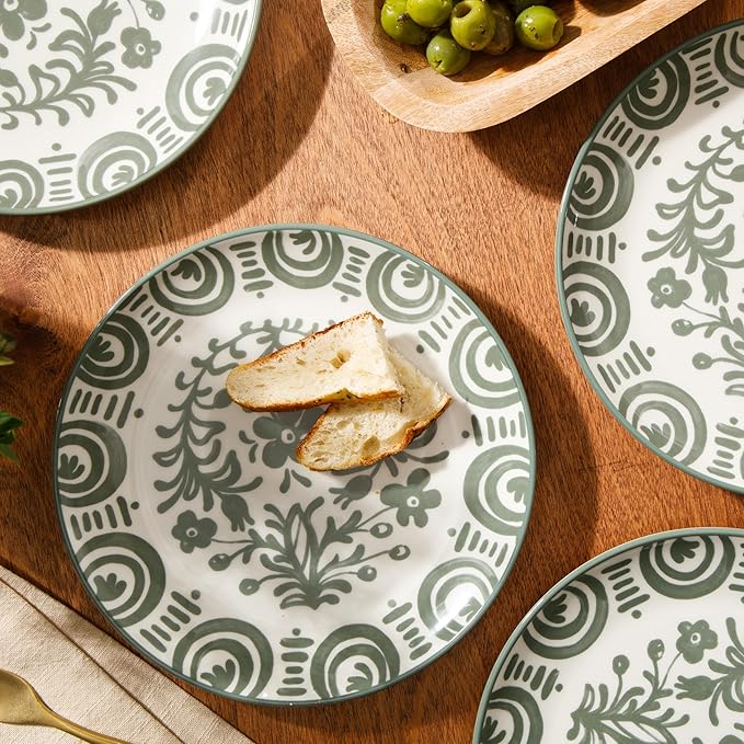 Bloomhouse - 2-Time Oprah’s Favorite Things - Valencia Flor 4 Piece Dessert &amp Salad Plate Set 8.75” Stoneware Plates Mediterranean Floral Decal Design Microwave &amp Dishwasher Safe Fern Gree