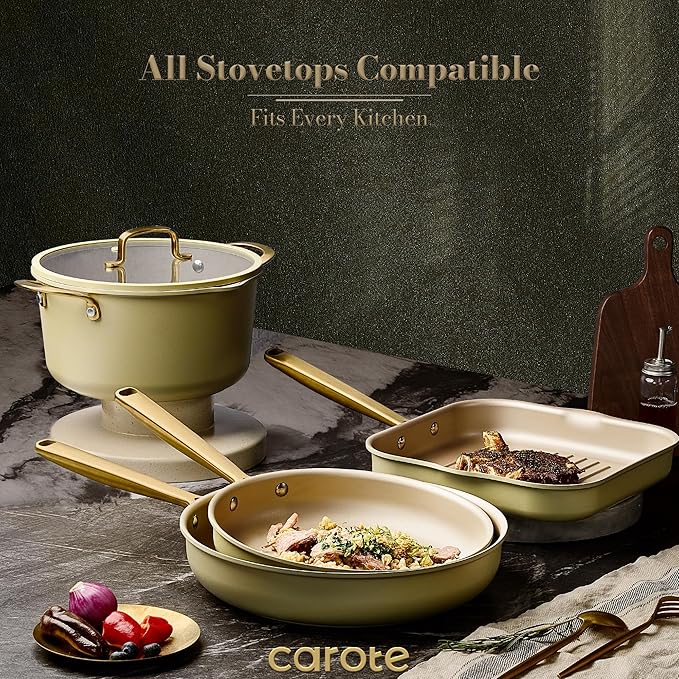 CAROTE 19Pcs Pots and Pans Set Non Stick Induction Cookware Sets with Durable Cast Steel Handle Oven-Safe Pots and Pans with Cooking Utensils PFOS/PFOA Free Dishwasher Safe Aluminum