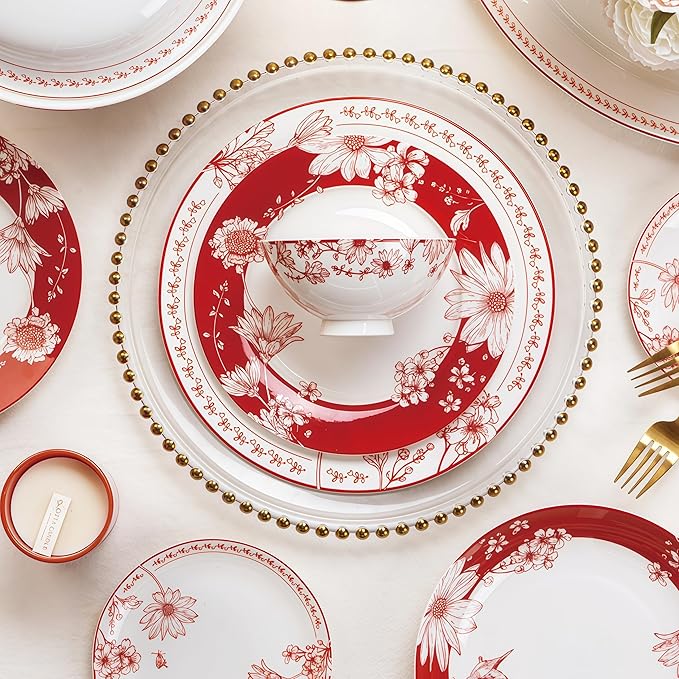Fine Bone China Dinnerware SetPorcelain&ampCeramic Dinnerware Sets Bone Stoneware&ampCeramic Cookware Tableware Set Includes Dinner Plates|Spoons|Pasta Bowls|Soup Pot|Chopsticks (40 PCS)