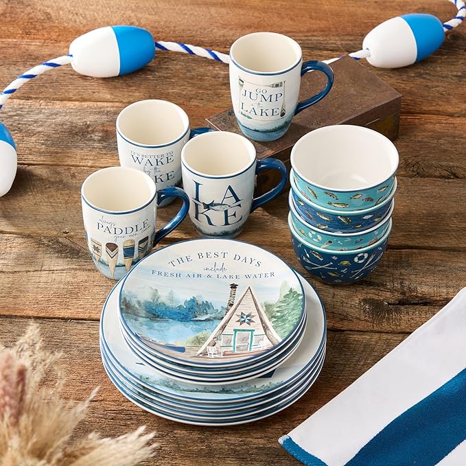 Wake at the Lake 16-Piece Dinnerware Set Includes 11-Inch Dinner Plates 9-Inch Salad Plates 14-Oz Mugs &amp 24-Oz Bowls Durable Ceramic Dishwasher &amp Microwave Safe Lakeside-Inspired Design