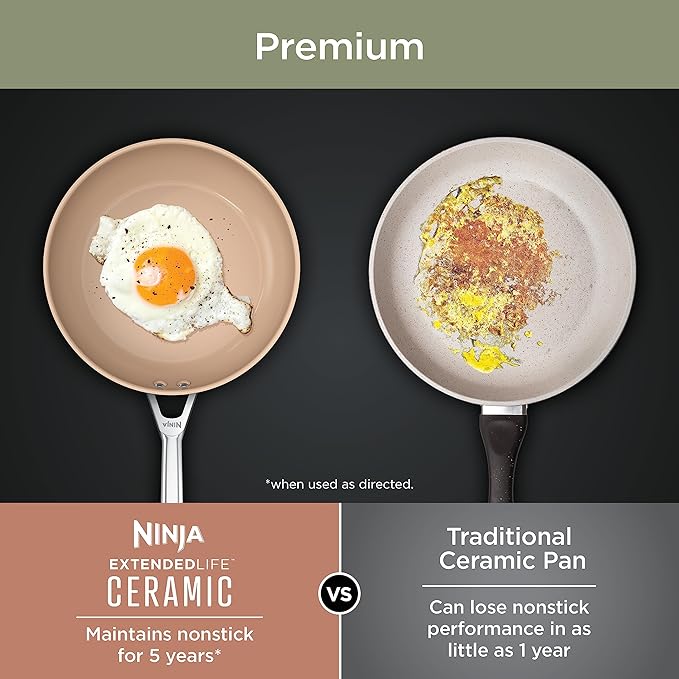 Ninja Pots and Pans Set Non Stick | Extended Life Premium Ceramic Cookware Set | 9-Piece Nonstick | PTFE Free | Oven Safe to 550°F | Induction Compatible | Frying Pan x3 | Cooking Pot x3 | CW99009