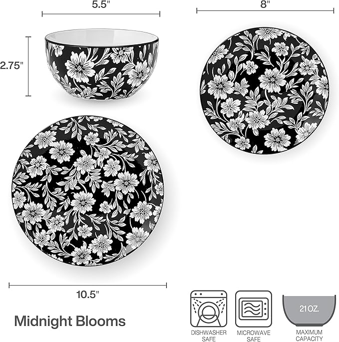 Pfaltzgraff Midnight Blooms 12 Piece Floral Stoneware Dinnerware Plate Bowl Dish Set Service for 4 Black