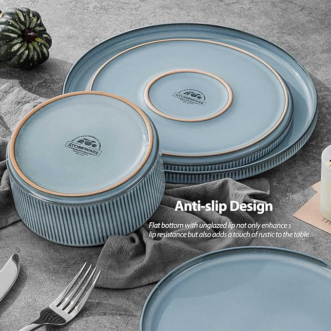 LIANYU Dinnerware Stoneware Sets with Pasta Bowls 16 Piece Plates and Bowls Set for 4 Ribbed Dishes Set for Home Microwave and Dishwasher Safe Slate Blue