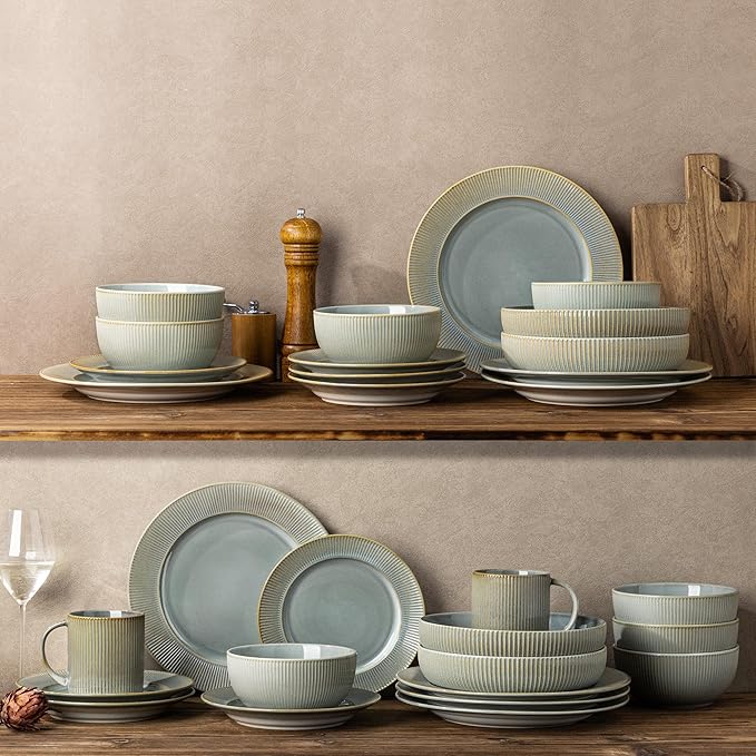 TheTerra Stoneware Dinnerware Sets for 4 12 Pieces Ceramic Plates and Bowls Sets Scratch Resistant Embossed Dish Set Oven Microwave &amp Dishwasher Safe Desert Sage