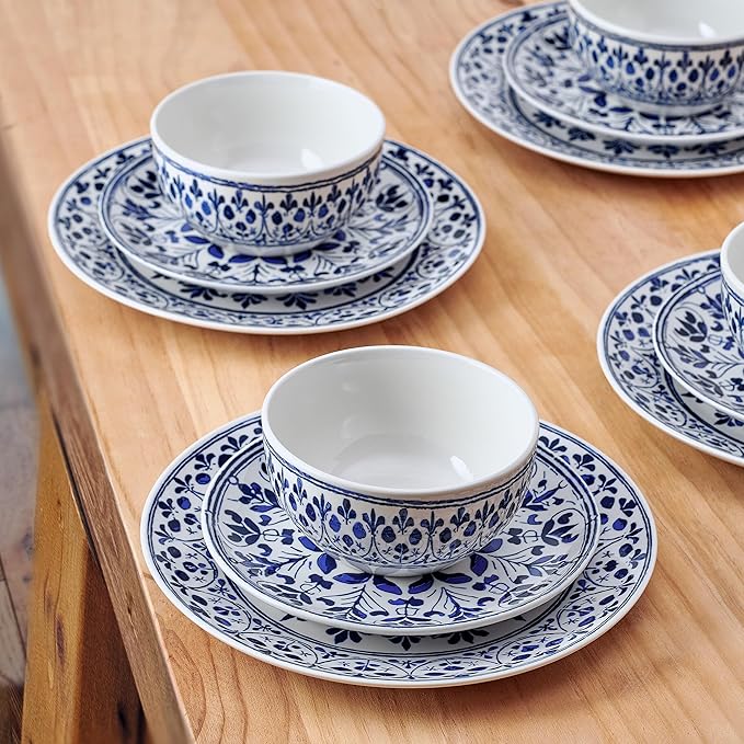 Pfaltzgraff Medallion Radiance 12 Piece Stoneware Dinnerware Plate Bowl Dish Set Service for 4 Blue