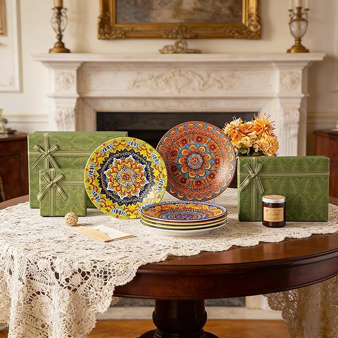 vancasso Colorful Dinner Plates Set of 6 10.5 Inch Ceramic Kitchen Plates for Dinner Bohemian Printed Dishes for Dining Microwave &amp Dishwasher Safe Plate Set Series KRVI