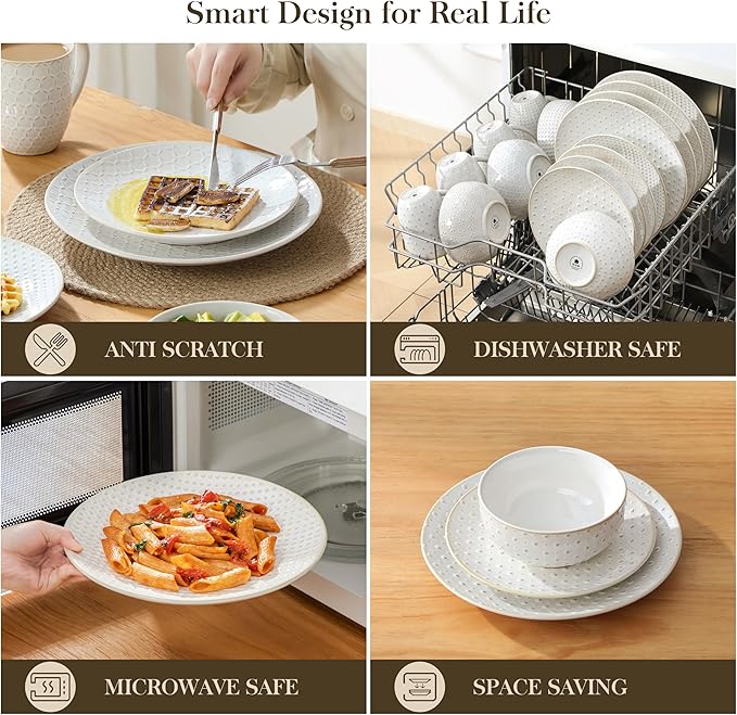 MALACASA 16 Pieces Dinnerware Sets Modern Relief Design Plates and Bowls Sets White Dish Set for 4 Kitchen Ceramic Dinner Plates Dishware Set Microwave and Dishwasher Safe Series LYDIA