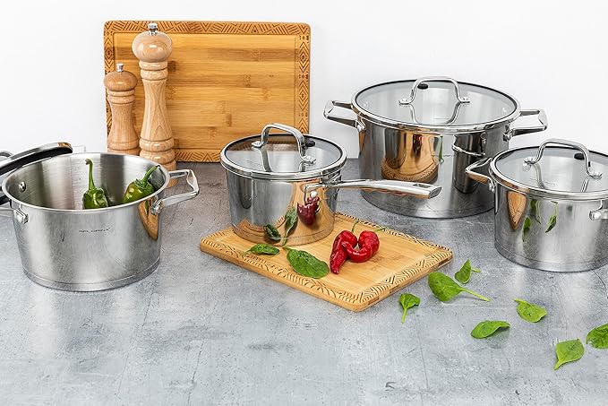 FLORINA Professional Stainless Steel Cooking Pot Set 8 Pieces Induction 4 Saucepans 4 Glass Lids Suitable for All Hobs Dishwasher Safe