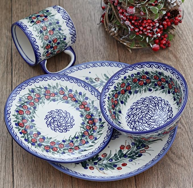 Blue Rose Polish Pottery - Red Berry 4 PC Place Setting - Service for 1-1 Place Setting - Ceramic Dinnerware Set Unique Christmas Gift &amp Festive Tableware