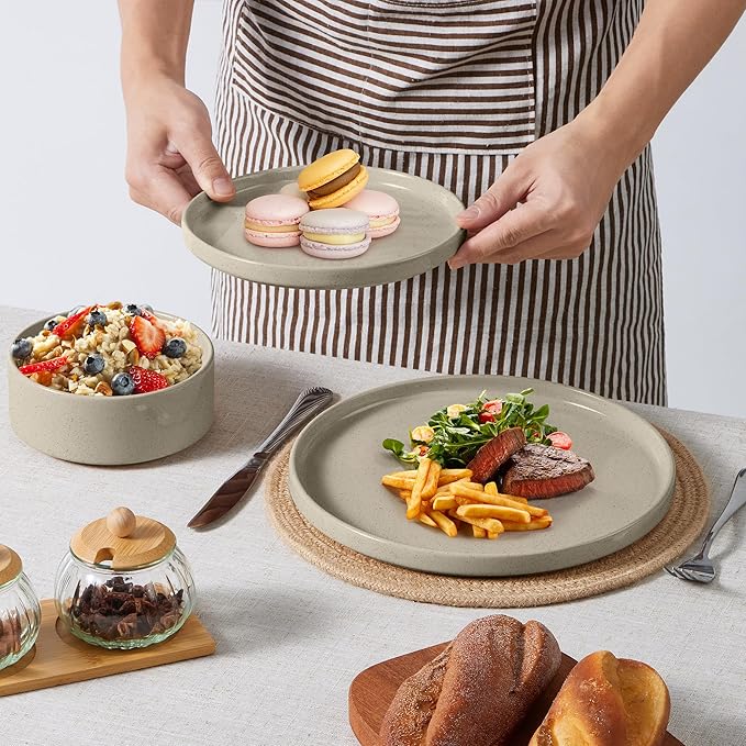 E-far 16-Piece Plates and Bowls Sets - Stoneware Dinnerware Sets with Pasta Bowls for 4 | Microwave &amp Dishwasher Safe Kitchen Modern Dish Set Speckled Khaki