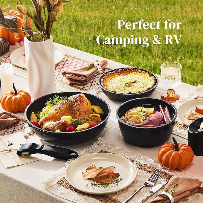 Redchef 16pcs Ceramic Pots and Pans Set Non Stick Nonstick Kitchen Cookware Set with Detachable Handle Non Toxic PFAS PFOA &amp PTFE Free RV Cookware Set for Camping Dishwasher/Oven Safe (Black)